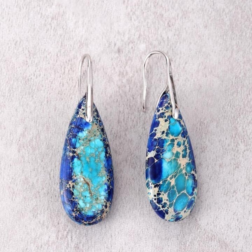 Silver & Blue Natural Imperial Stone Water Drop Tear Drop Earrings Nwt - Picture 7 of 9
